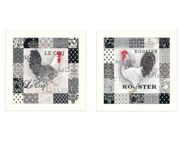 "Rooster II Collection" 2-Piece Vignette By Deb Strain, Printed Wall Art, Ready To Hang Framed Poster, White Frame