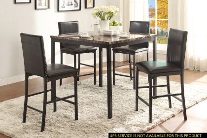 Black Metal Finish Counter Height Dining Set 5pc Faux Marble Tabletop and 4x Counter Height Chairs Transitional Small Space Dining Room Furniture