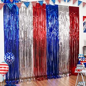 LOLStar 4th of July Decorations; Red White and Blue 3 Pack Tinsel Foil Fringe Curtains; Photo Booth Prop Streamer Backdrop for America Patriotic Party (Color: Red Silver and Blue, size: 9.9X9.9 FT)