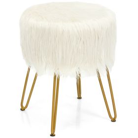 Faux Fur Vanity Stool Chair with Metal Legs for Bedroom and Living Room (Color: White)