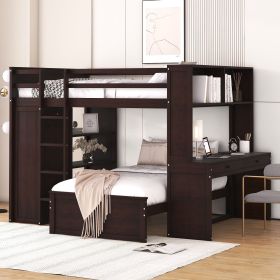 Full size Loft Bed with a twin size Stand-alone bed, Shelves,Desk,and Wardrobe (Color: Espresso)