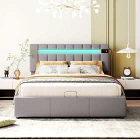 Upholstered Bed Queen Size with LED light;  Bluetooth Player and USB Charging;  Hydraulic Storage Bed in  Velvet Fabric (Color: Gray)