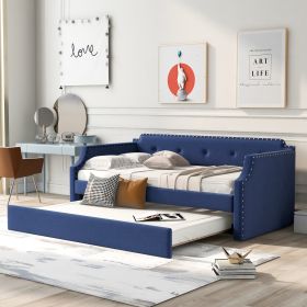 Upholstered Daybed with Trundle;  Wood Slat Support; Upholstered Frame Sofa Bed ;  Twin (Color: Blue)