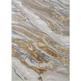 "Adina" Luxury Area Rug in Beige, Gold and Blue Abstract Design (Color: as Pic)