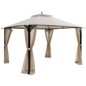 12 x 10 Feet Outdoor Double Top Patio Gazebo with Netting (Color: Beige)