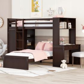 Twin size Loft Bed with a Stand-alone bed;  Shelves; Desk; and Wardrobe (Color: Espresso)