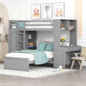 Twin size Loft Bed with a Stand-alone bed;  Shelves; Desk; and Wardrobe (Color: Gray)